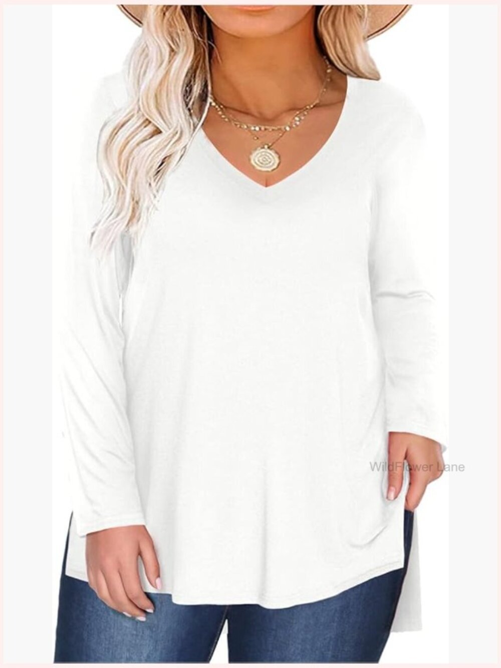 Plus Size V Neck Long Sleeve Tunic Top Oversized Swing Tee